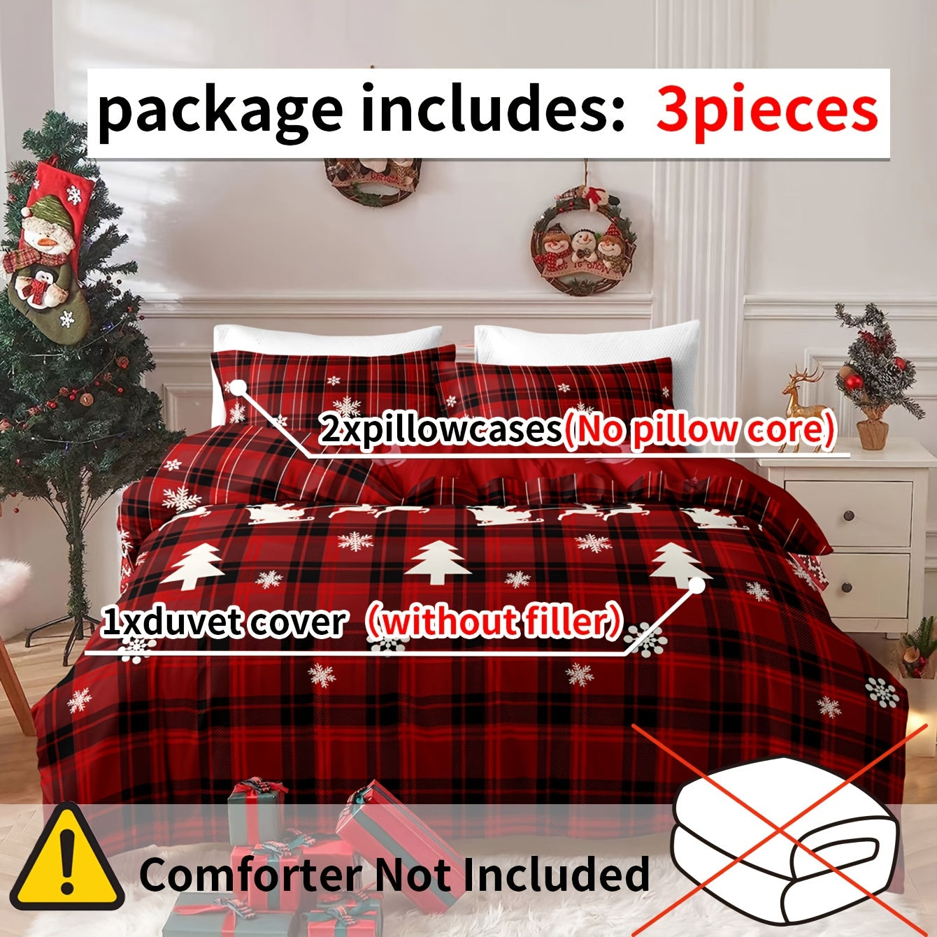 Checkered Christmas Tree Elk Snowflake Bedding Set