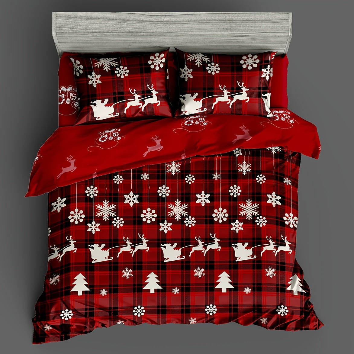 Checkered Christmas Tree Elk Snowflake Bedding Set