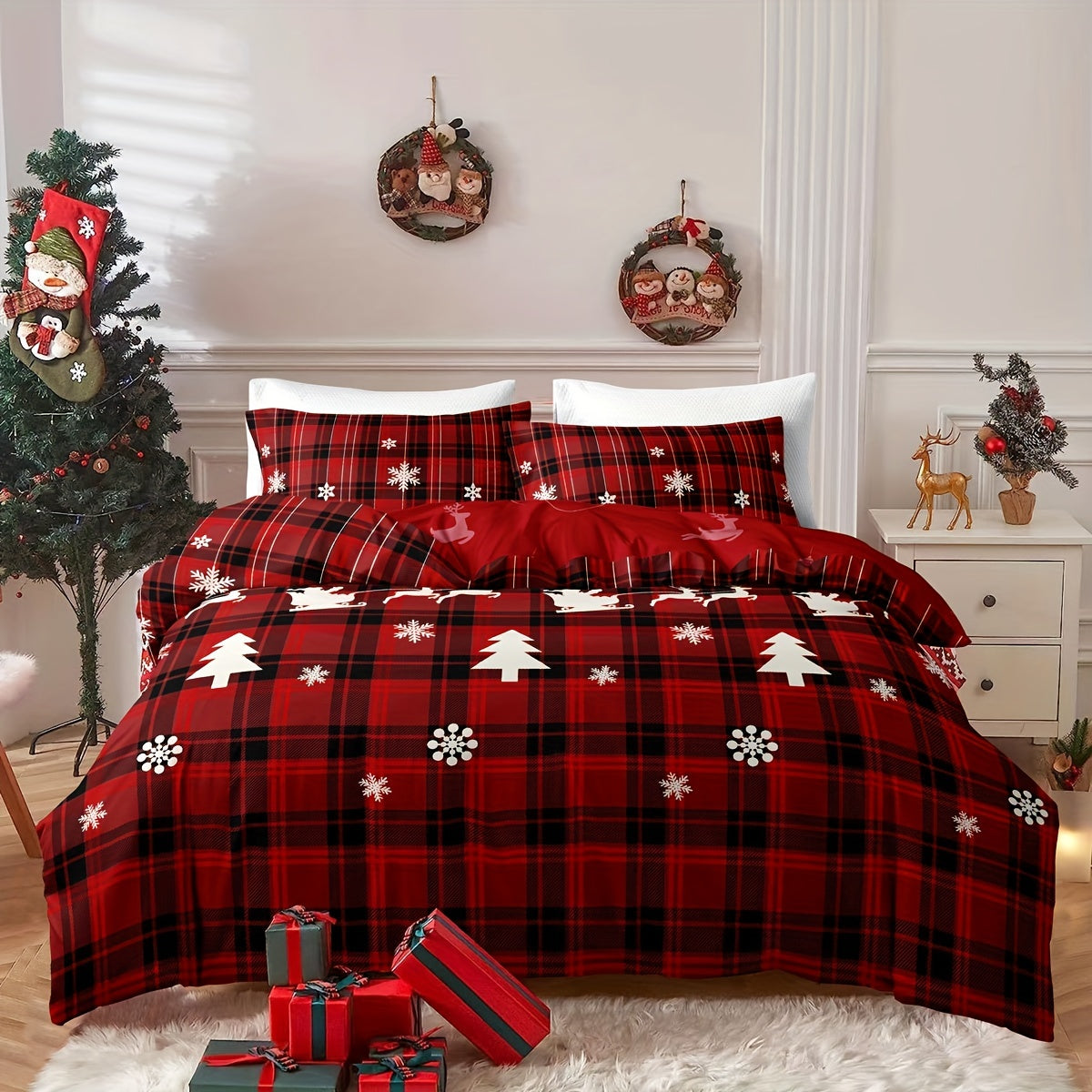 Checkered Christmas Tree Elk Snowflake Bedding Set