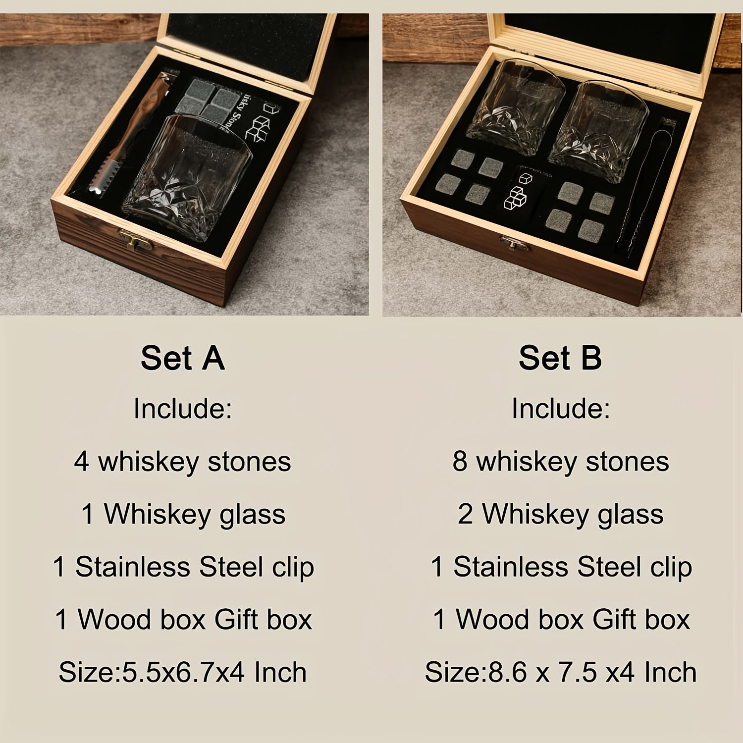 Premium Whiskey Glass Set with Stones & Wooden Box