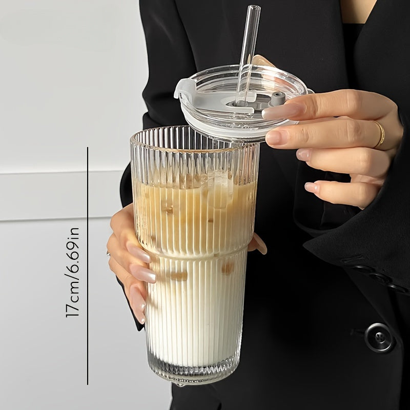 Striped Glass Tumbler with Straw and Lid